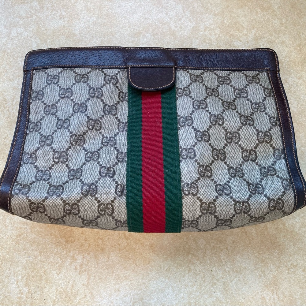 Vintage Gucci GG web Monogram Clutch with Red and Green Stripe